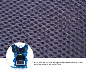 Detail of breathable mesh back panel and air flow system on blue cycling backpack