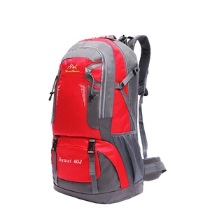 Outdoor 60L hiking backpack in red and grey with reinforced straps for trekking
