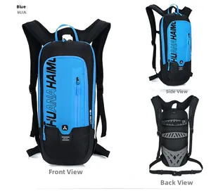 Blau-schwarzer Fahrradrucksack mit Vorder- Seiten- und Rückansicht und Polsterung