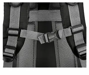 Close-up of adjustable chest buckle and breathable mesh on outdoor hiking backpack