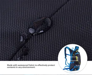 Detail of waterproof cycling backpack fabric with water droplets and blue accents