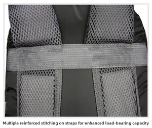 Detail of reinforced bartack stitching on breathable mesh straps of the outdoor backpack