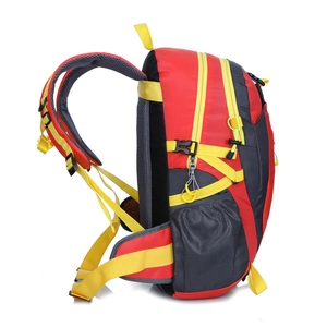Waterproof outdoor hiking backpack in red and grey ripstop nylon with padded straps