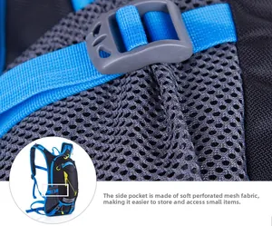 Detail of grey mesh side pocket and blue adjustable strap on outdoor cycling backpack
