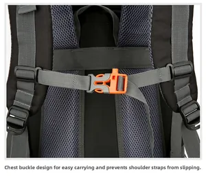 Detail of the outdoor backpack chest strap system with orange buckle and mesh back