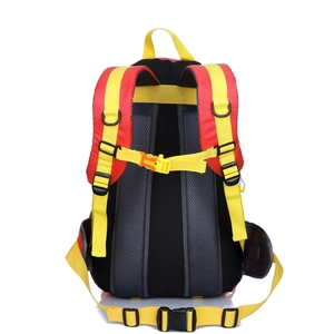 Waterproof outdoor hiking backpack in red and yellow with breathable mesh back panel