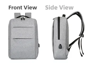 Front and side view of gray business laptop backpack with external USB charging port