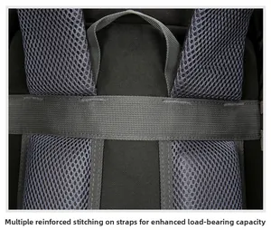 Detail of breathable mesh back padding and reinforced stitching on the hiking backpack