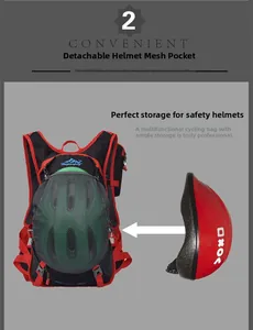 Detail view of the detachable mesh pocket for helmet storage on an outdoor cycling backpack