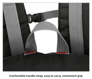 Macro detail of reinforced red stitching on the heavy-duty nylon handle of the hiking backpack