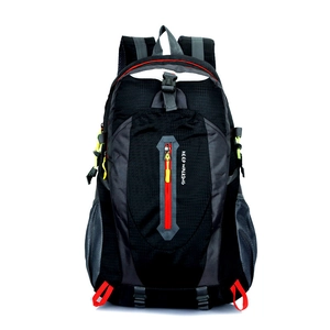 Waterproof nylon outdoor hiking backpack with black and grey panels and orange zippers