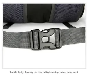 Close-up of hiking backpack waist buckle and breathable mesh for stability and comfort