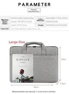 Tableau de tailles détaillé montrant les dimensions des sacs d'ordinateur gris en oxford