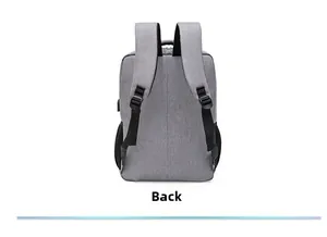 Rückansicht des grauen wasserdichten Business-Rucksacks mit gepolsterten Gurten und Netzfächern