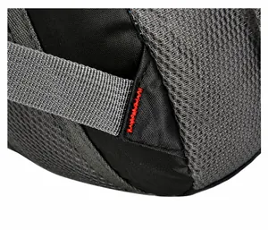 Close-up of red reinforced stitching and durable grey mesh fabric on outdoor backpack
