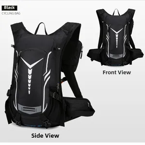 Detail view of black cycling backpack featuring reflective V-strips and breathable straps