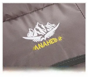 Macro shot of high-quality embroidery and waterproof oxford fabric on trekking backpack