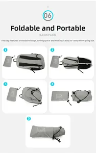 Step-by-step folding instructions showing the grey backpack fitting into a compact storage pouch