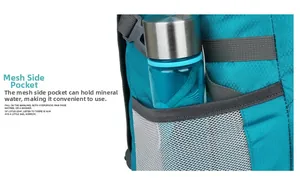 Detail of teal outdoor backpack side mesh pocket holding a blue water bottle