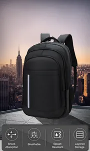 Detail view of water-resistant black commuter backpack with safety reflective stripe