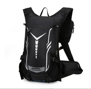 Side view of black cycling backpack with V-shaped reflective strips and ergonomic mesh