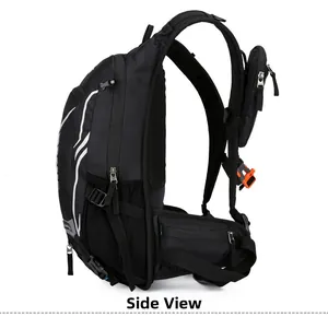 Side view of outdoor cycling backpack with adjustable buckles and padded shoulder straps