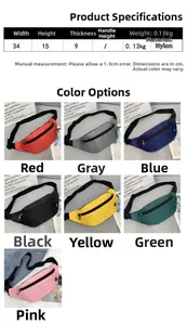 Detaillierte Größenangaben für die Nylon-Sport-Gürteltasche mit den Maßen 34 cm x 15 cm x 9 cm