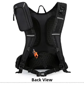 Detail view of the breathable mesh back panel and orange buckles on the cycling backpack