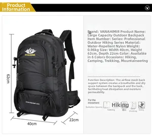 Specificaties van de 60L waterdichte nylon wandelrugzak met ademend mesh-rugsysteem