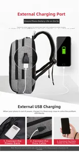 Detail des externen USB-Ladeanschlusses und des integrierten Kabels am grauen Rucksack