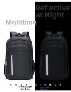 Detail of the vertical reflective safety strip on the black business laptop backpack