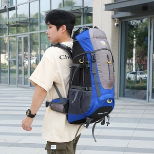 65+5L waterproof hiking backpack in blue and grey shown from a side profile view
