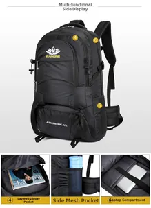 Details van 60L wandelrugzak met laptopvak en zijvakken van gaas voor waterflessen