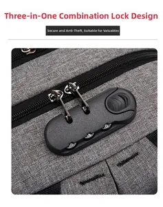 Detail des dreistelligen Sicherheits-Zahlenschlosses am grauen Reise-Laptop-Rucksack