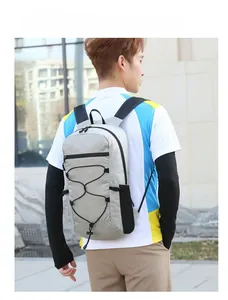 Outdoor light grey plaid backpack featuring elastic bungee system and side mesh pocket