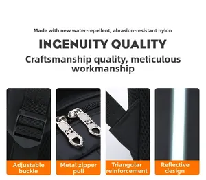 Detail of waterproof nylon business backpack with adjustable buckle and metal zippers