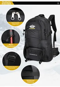 Detail van versterkte stiksels en duurzame gespen op de zwarte 60L outdoor wandelrugzak