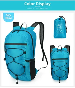 Foldable sky blue waterproof hiking backpack showing expanded view and storage pouch