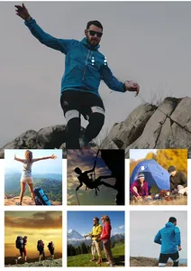 Blauwe heren outdoorjas met capuchon getoond in diverse wandel- en klimscenario's