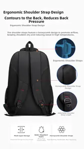 Detalle de correas ergonómicas de malla transpirable y hebillas de la mochila negra impermeable