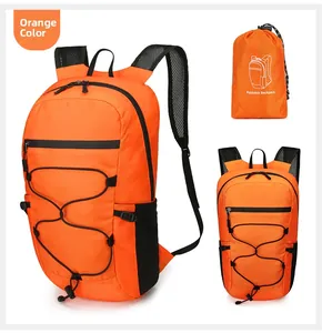 Orange waterproof foldable backpack with breathable mesh straps and compact storage pouch