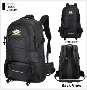 Detail van 60L outdoor wandelrugzak met waterdichte nylon stof en ergonomisch rugsysteem