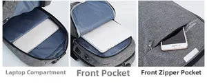 Vue détaillée du compartiment PC, poche intérieure et port USB sur sac à dos gris