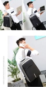 Detailansicht Business-Rucksack mit grauem Stoff und externem USB-Ladeanschluss für Laptop