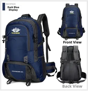 60L outdoor rugzak detail van donkerblauwe wandelrugzak met zijvakken in gaas