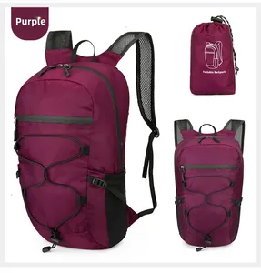 Macro detail of the purple foldable outdoor backpack and its compact storage state