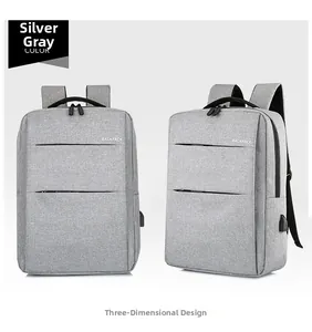 Front and side view of silver grey business laptop backpack with USB charging port