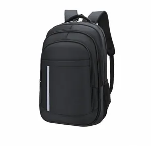 Detail view of black business backpack with reflective safety strip and mesh side pocket