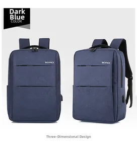 Detail view of stereoscopic dark blue business backpack with external USB charging port