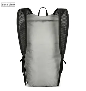 Back view of gray lightweight outdoor backpack showing breathable mesh shoulder straps